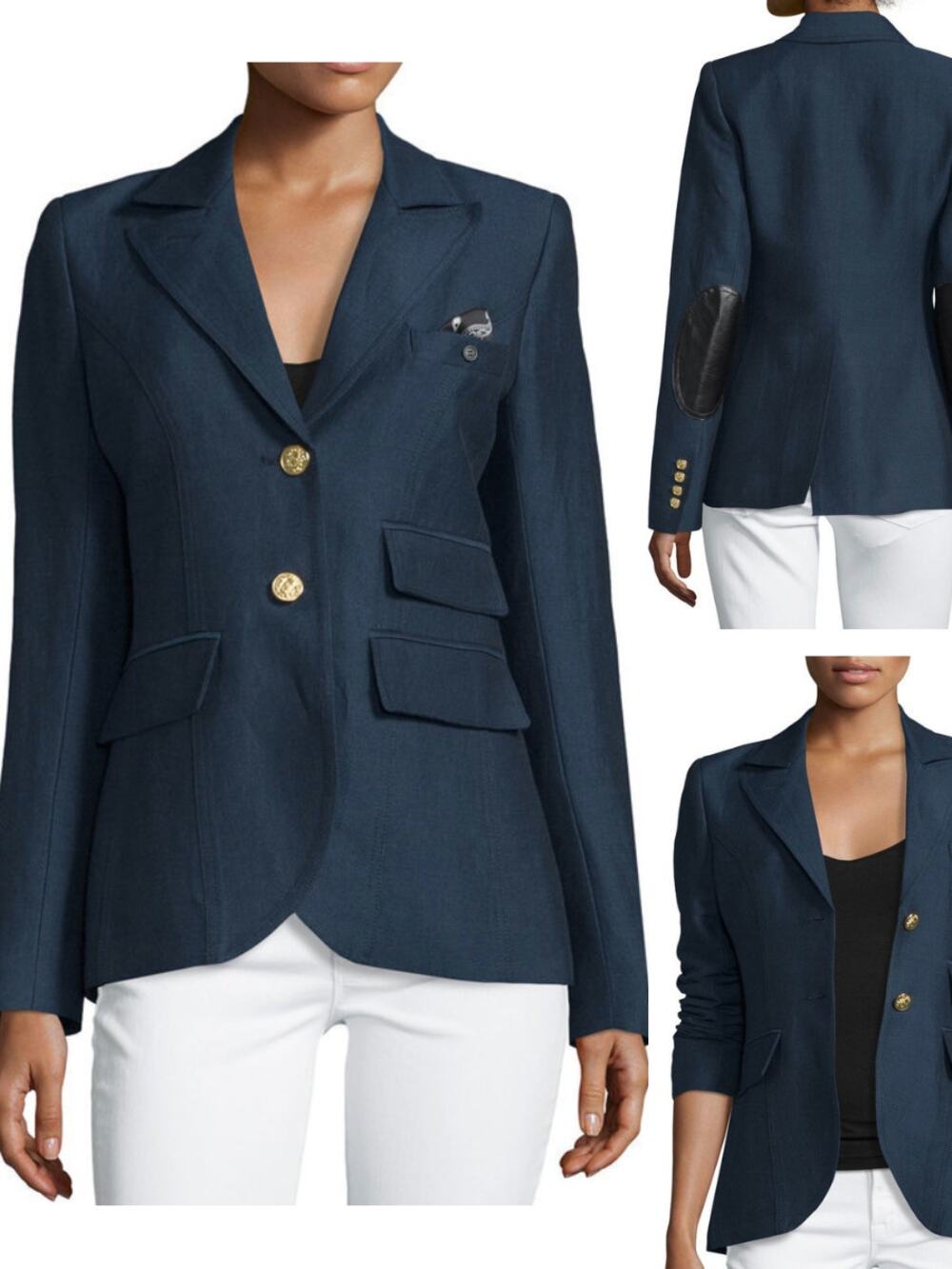 SMYTHE Dandy Linen Two Button Blazer Leather Elbow Patches Navy Size 6